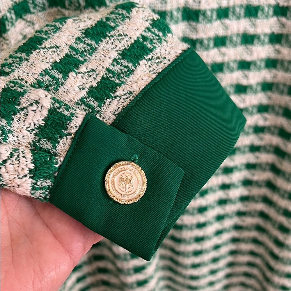 So Me Green and White Tweed Mini Cardigan Dress with Bow - Picture 3 of 8
